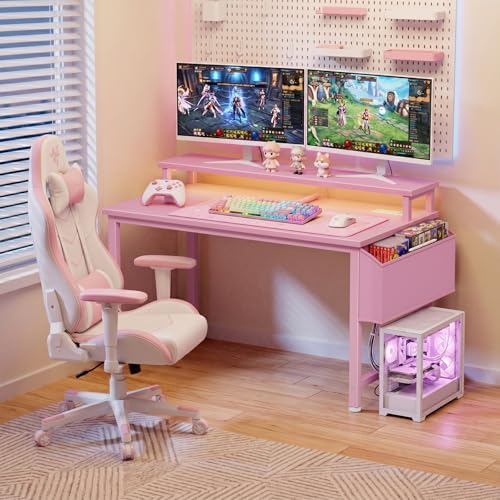 Lufeiya Small Girls Desk with Power Outlets and LED Lights, 32 Inch Gaming Desk Table with Charging Station, Home Office Computer Desks with Monitor, Pink - color: Pink, size: 31.5"