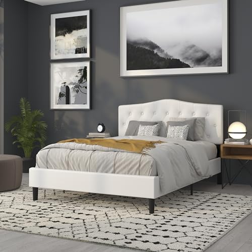 Arched Button Tufted Upholstered Queen Size Headboard in White Fabric - color: White, size: Queen