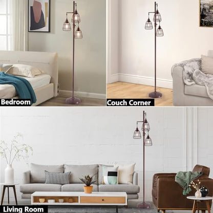 9MMML Dimmable Floor Lamp,Industrial Farmhouse Tall Standing Floor Lamp for Living Room, Bedroom Office,3 Teardrop Cage Lampshade,3 LED Bulbs Inculded. 68'' Tall - color: Oil-Rubbed Bronze