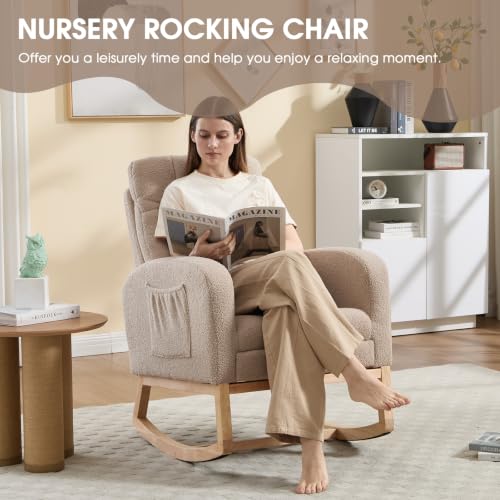 Rocking Chair Nursing, Rocker Chair with Footrest (Brown) | Teddy Boucle Upholstered Accent Reading Chair with High Back & Side Pocket for Living Room Bedroom Nursery Office - color: Brown