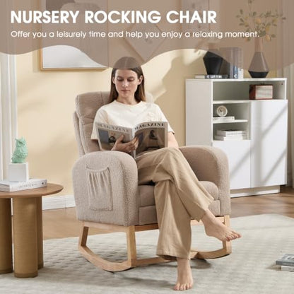Rocking Chair Nursing, Rocker Chair with Footrest (Brown) | Teddy Boucle Upholstered Accent Reading Chair with High Back & Side Pocket for Living Room Bedroom Nursery Office - color: Brown