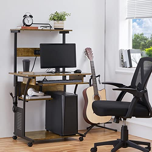 Yaheetech Small 3-Tier Rolling Computer Desk, Power Outlet, Rustic Brown | Engineered wood tiers and metal frame suit small spaces, holding a monitor, printer, and keyboard tray by a built-in outlet. - color: Rustic Brown