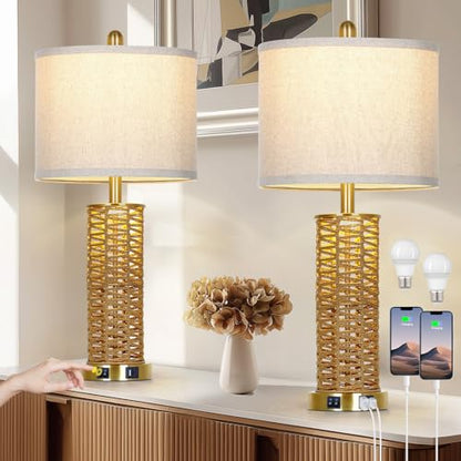 CINSARY 27" Natural Rattan Table Lamps Set of 2, Boho Bedside Lamp for Bedroom with Night Light, Woven Wicker Nightstand Lamps with 2 USB Ports & AC Outlet, Tall Farmhouse Living Room Lamp, Gold - color: Rattan and Gold