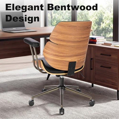 Mid Century Walnut Bentwood PU Leather Office Chair with Arms, Black | Curved walnut bentwood back & seat; removable armrests; PU leather upholstery; swivel & rolling; for home office & study - color: Black, size: 2-Section Back / No Headrest