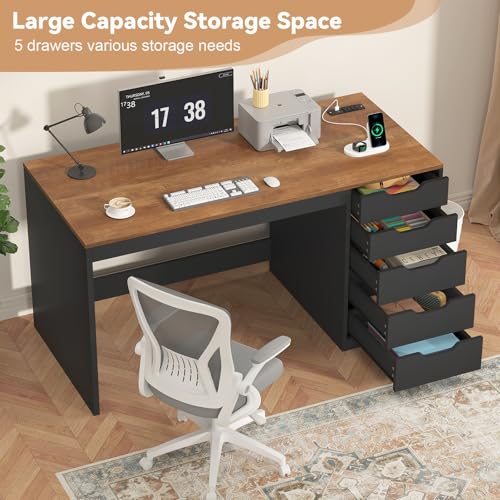 47 Inch Computer Desk with 5 Drawers and Power Outlets for Small Spaces | Home Office Desks with Storage File Cabinet and Charging Station, Modern Simple Laptop Desk Writing Table, Brown and Black - color: Brown and Black