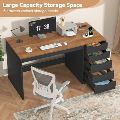 47 Inch Computer Desk with 5 Drawers and Power Outlets for Small Spaces | Home Office Desks with Storage File Cabinet and Charging Station, Modern Simple Laptop Desk Writing Table, Brown and Black - color: Brown and Black
