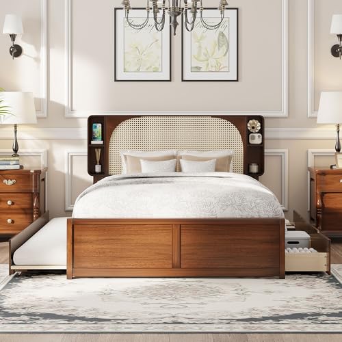 Queen Size Bed Frame with Trundle and Drawers for Aldults, Walnut | Mid Century Bed Frame with Rattan Headboard, No Box Spring Needed, Space Saving