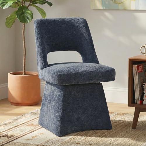 VKNOW Upholstered Swivel Dining Chair with Curved Open Back | Modern Dining Room Chairs with Chenille Fabric, Space-saving, Easy Assembly, for Dining Room, Living Room, Bedroom, Blue - color: Blue