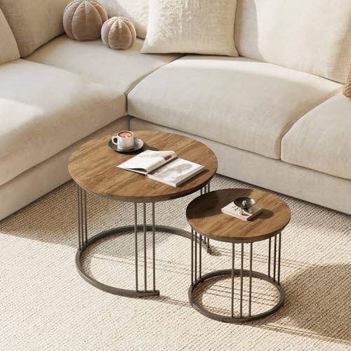 Nesting Coffee Table, 23.6" Round Coffee Table Set of 2, Wooden Nesting Table with Metal Frame, Ceter Tables for Living Room Bedroom Balcony, Brown - color: Brown