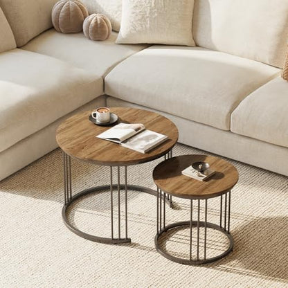 Nesting Coffee Table, 23.6" Round Coffee Table Set of 2, Wooden Nesting Table with Metal Frame, Ceter Tables for Living Room Bedroom Balcony, Brown - color: Brown