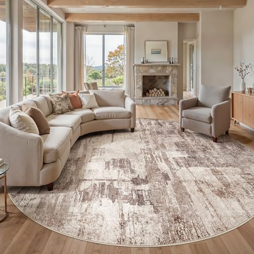 kakania Abstract 12x12 Round Rugs for Living Room: Circle Rugs 12FT Brown | Washable, Soft, Non-Slip, Low-Pile, Pet & Kid Friendly - Large Modern Home Decor Carpet for Bedroom/Dining Room/Nursery - color: Brown, size: 12' (Round)