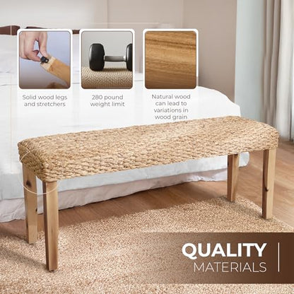 Indoor Wicker Bench 47" Solid Wood Acacia & Natural Woven Seat, Natural Leg | Living Room, Dining Bench or End of Bed Bench, Boho Rustic Farmhouse Style - color: Plait - Natural Leg & Water Hyacinth