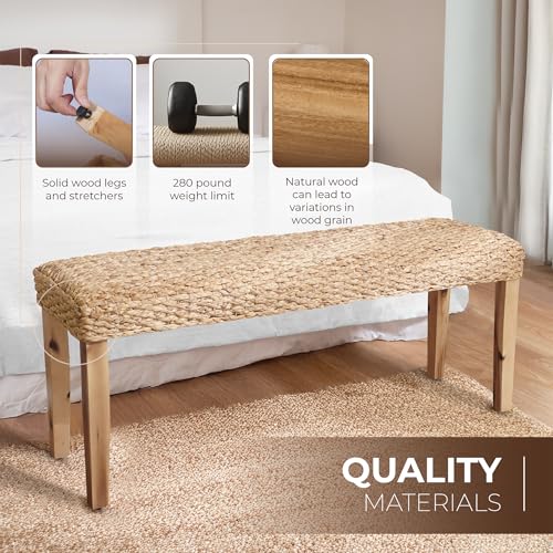 Indoor Wicker Bench 47" Solid Wood Acacia & Natural Woven Seat, Natural Leg | Living Room, Dining Bench or End of Bed Bench, Boho Rustic Farmhouse Style - color: Plait - Natural Leg & Water Hyacinth