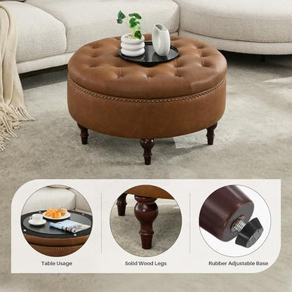 31.5" Large Round Storage Ottoman, Upholstered PU Ottoman Coffee Table | Large Ottoman with Solid Wooden Legs and Nailheads, Side Table for Living Room Bedroom Office, Brown - color: Brown