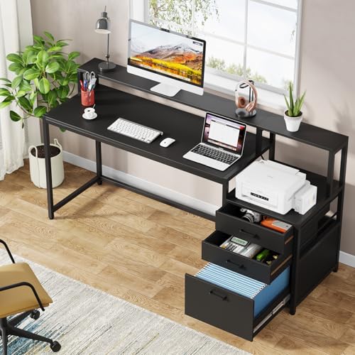 Tribesigns 63 Inch Computer Desk with File Drawer Cabinet, Home Office Desk | Ergonomic Office Desk with Monitor Stand, Industrial Computer Table with Printer Space, PC Table Workstation Desk, Black - color: Black