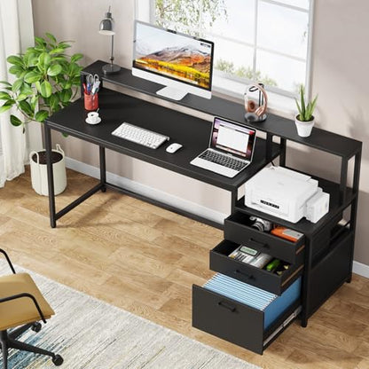 Tribesigns 63 Inch Computer Desk with File Drawer Cabinet, Home Office Desk | Ergonomic Office Desk with Monitor Stand, Industrial Computer Table with Printer Space, PC Table Workstation Desk, Black - color: Black