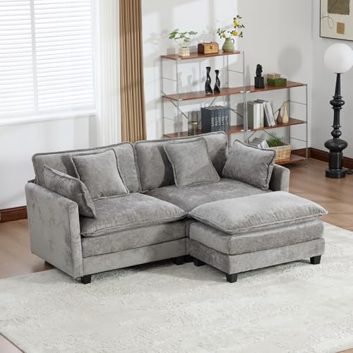 76.7” Oversized Gray Loveseat Sofa, 2 Seater Large Sectional Couches for Living Room, Chenille Fabric Modular Sectional Sofa with 1 Ottoman, Deep Seat Home Sofas Set - color: Grey, size: 2 Seater + 1 Ottoman