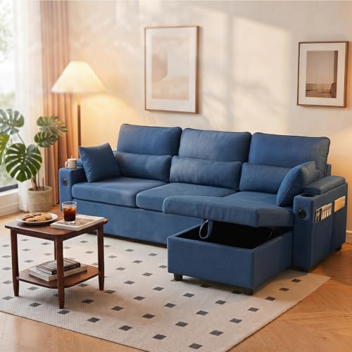 L-Sofa Bed Sleeper Pull Out with Storage Function and Two USB Ports and Cup Holder, Perfect for Small Space Modern Convertible Sofa Bed Living Room - color: Blue, size: 81'' L shape sofa
