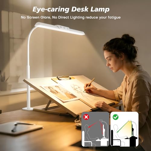 LED Desk Lamp for Office Home, Stepless Dimming Architect Desk Light with DC Adapter, Eye-Caring Desk Lamp with Clamp, 25 Lighting Modes Adjustable 12.8in Flexible Gooseneck for Workbench(White) - color: White