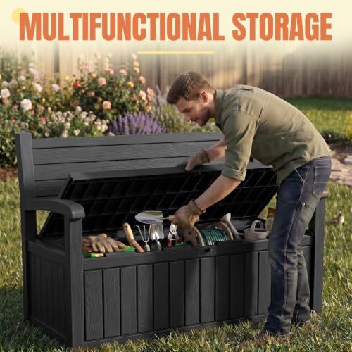 Storage Bench Outdoor Deck Box, 100 Gallon Lockable Patio Furniture, Black | Waterproof & UV Resistant Seating, Indoor/Outdoor Shoe Storage Cabinet for Garden Cushions, Tools, Patio, Pool Supplies