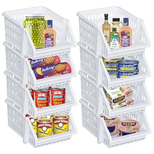 Small Stackable Storage Bins Open Front for Pantry Storage, 8 Pack - White | Sturdy Plastic, Easy Stacking, Open Front Access, Ventilated Sides, Vertical & Space Saving Pantry Organizers and Storage Bin - color: White, size: 8 Pack - Small