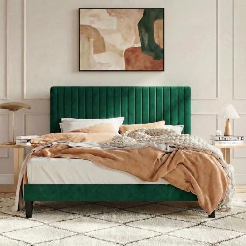SHA CERLIN Full Upholstered Platform Bed Frame with Vertical Channel Tufted Velvet Fabric Adjustable Headboard, Wooden Slats Support, Mattress Foundation, Box Spring Optional, Green - color: Green, size: Full