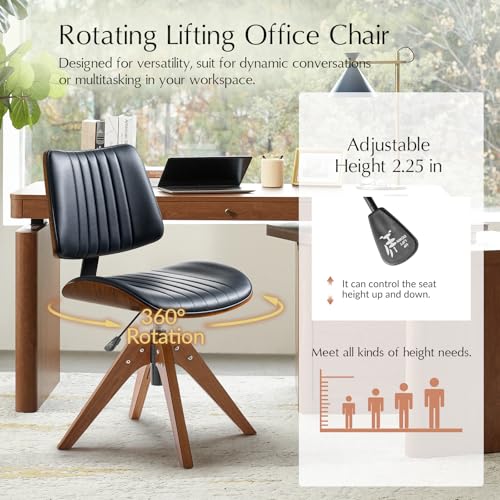 HULALA HOME Faux Leather Home Office Desk Chair No Wheels, Navy | Mid-Century Modern Desk Chair with Wood Legs, 360° Swivel Computer Task Chair with Channel-Tufted Backrest, Height Adjustable - color: Navy