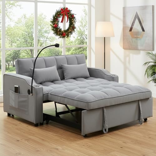 3 In 1 Velvet Convertible Sofa Bed, Pull Out Couch Bed with Reclining Backrest And 2 Pillows, 54" Full Size Loveseat Sleeper Sofa Futon Couch Bed, Couches For Small Spaces, Living Room (Light Gray) - color: Light Gray