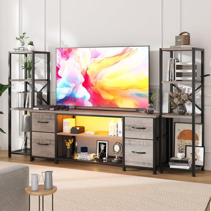 Yenlure LED TV Stand Bookshelf Combo with Charging Station for 65 60 55 Inch TV, Entertainment Center with Lights & Drawers, Industrial Media TV Console Table for Living Room Bedroom Office, Greige - color: Greige