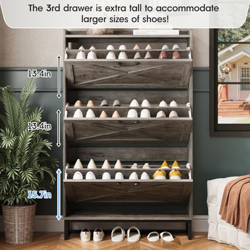 Maupvit Shoe Storage Cabinet with 3 Flip Drawers, Freestanding Organizer with Metal Legs for Entryway, Narrow Shoe Rack Cabinet, Light Rustic Oak - color: Light Rustic Oak, style: 3-Drawers