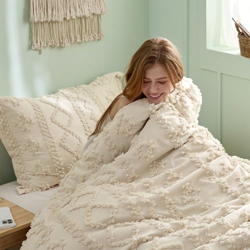 Bedsure Tufted Boho Comforter Set Twin Size - Beige Boho Bed Set, GentleSoft™ 2 Pieces Farmhouse-Style Embroidery Bedding, Gifts for Woman, Soft Jacquard Kids' Twin Comforter for All Seasons - color: 01 - Beige - Elegant, size: Twin/Twin XL