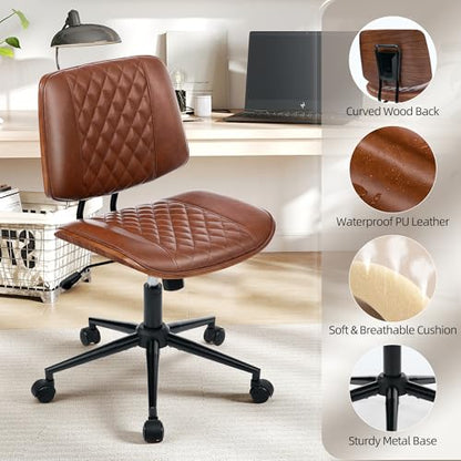 Home Office Desk Chair with Swivel Wheels, Ergonomic Adjustable Height Small Office Chair, Premium PU Leather Armless Computer Chair for Home Office, Reading Meeting Room, Modern Walnut Style (Brown) - color: Mcm Style-brown