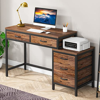 Tribesigns Computer Desk with 5 Drawers, Reversible Home Office Desks | Small Desk with Drawer Cabinet Printer Stand, PC Desk with Storage, Rustic Study Writing Table Workstation for Small Spaces - color: Rustic Brown