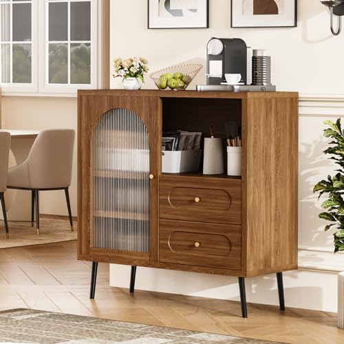 Wood Sideboard Cabinet - Slim Side Board Buffet Cabinet with Storage, Small Accent Credenza with Drawers and Door, Modern Coffee Bar Table for Kitchen, Dining Room, Entryway, Living Room - color: Walnut