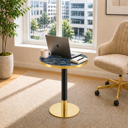 TesNus 23.6" Small Round Dining Table for 2, Circle Tulip Table, Faux Marble Top with Gold Metal Pedestal Base, Modern Leisure Coffee Table for Small Spaces, Cafe, Office, Blue&Gold - color: Blue Top&black Leg&gold Base