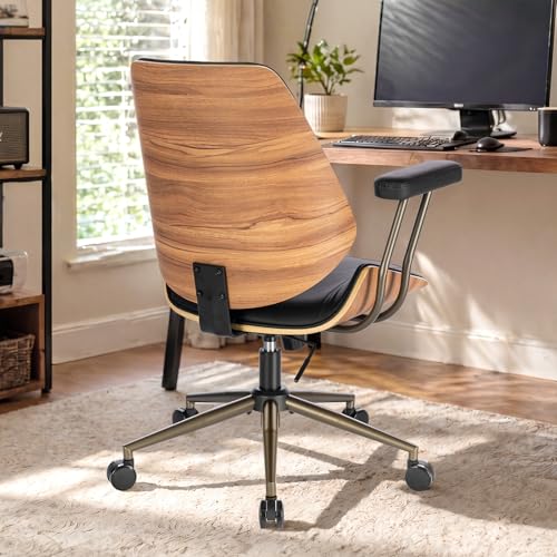 Modern Mid Back Office Chair, Adjustable Swivel Desk Chair with Arms, Black | Faux leather seat, wood accent detail, mid-back with padded armrests, adjustable swivel, for home office, bedroom & study - color: Black, size: 1-Piece Back / No Headrest