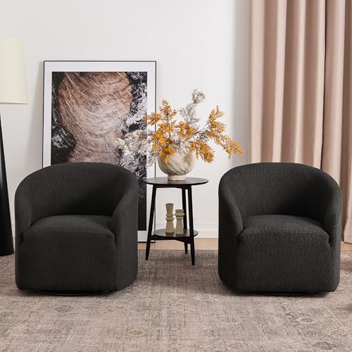 KINWELL 32" Wide Modern Boucle Swivel Barrel Chairs Set of 2, No Assembly Round Upholstered Swivel Accent Armchairs for Living Room, Bedroom (Black) - color: Black, style: Set of 2