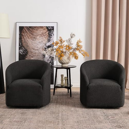 KINWELL 32" Wide Modern Boucle Swivel Barrel Chairs Set of 2, No Assembly Round Upholstered Swivel Accent Armchairs for Living Room, Bedroom (Black) - color: Black, style: Set of 2