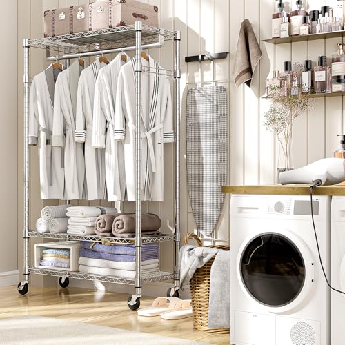 M MZG Heavy Duty Rolling Garment Rack 3 Tiers Adjustable Wire Shelving Clothes Rack with Rods and Side Hooks,Storage Closet Clothing Rack with Wheels Chrome 15.7" D x 29.5" W x 74.5" H - color: Chrome, size: 3 Tier with 1 rod, 15.7"D x 29.5"W x 74.5"H