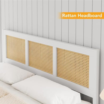 GarveeHome Rattan Queen Size Bed Frame with Headboard, White | Boho Bed Frame with Strong Metal Slat, Noise Free, No Box Spring Needed - color: White/Natural, size: Queen (No Drawers)