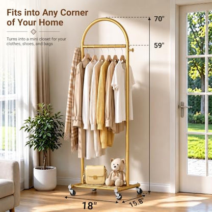 MISSLO 18" Small Clothes Racks for Hanging Clothes Arched Shape Gold Clothing Rack with Wheels 70" Metal Rolling Garment Rack with Shelves for Small Space, Bedroom, Laundry, Gold - color: Gold