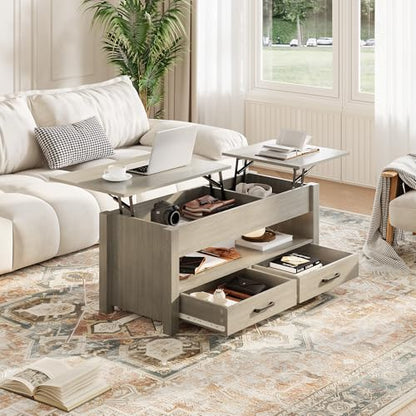 Multifunctional Lift Top Coffee Table, Convertible Wooden Coffee Table with 2 Drawers & Hidden Compartment, Storage Center Table for Living Room Home Office,Grey - color: Grey