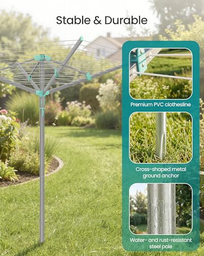 SONGMICS Umbrella Clothesline, Rotary Washing Line, Foldable Heavy-Duty Outdoor Clothes Drying Rack with Clips, Cover, Ground Anchor, 147.6 ft (45 m) Long for 4 Loads of Laundry, Silver ULLR306EZ01 - size: 54.8"D x 54.8"W x 71.7" H, style: Standard (Steel
