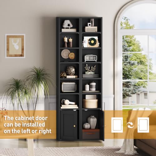 7-Tier Tall Narrow Bookshelf with Door, 11.8 X 9.3 X 70.9 Inches CD DVD Slim Media Tower Rack with Storage Cabinet, Adjustable Shelves, Skinny Bookshelf Display Bookcase for Home Office, Black - color: Black
