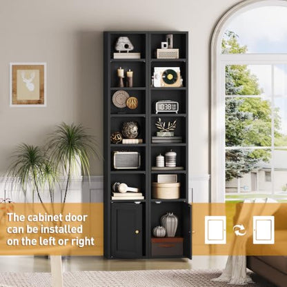 7-Tier Tall Narrow Bookshelf with Door, 11.8 X 9.3 X 70.9 Inches CD DVD Slim Media Tower Rack with Storage Cabinet, Adjustable Shelves, Skinny Bookshelf Display Bookcase for Home Office, Black - color: Black