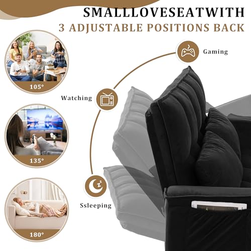 55" Pull Out Sleeper Sofa, Velvet Loveseat with Side Pockets, Black | Velvet upholstery, 5-level adjustable back, Pull-out bed design, Sturdy frame with side pockets - color: Black