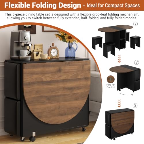 5 PCS Farmhouse Dining Table Set for 4,60" Large Round Folding Dining Table Set w/ 4 Leather Chairs, Drop Leaf Oval Modern Kitchen Table for Small Spaces,6 Wheels,2-Layer Storage Shelf,Walnut - color: Walnut