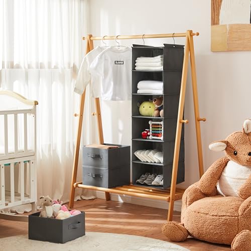 MAX Houser 6 Tier Shelf Hanging Closet Organizer, Closet Hanging Shelf with 2 Sturdy Hooks for Storage, Foldable (Grey-D3) | foldable lightweight fabric space-saving design for Bedroom, Closet Hanging Shelf for Storage with Removable Drawers - color: Grey