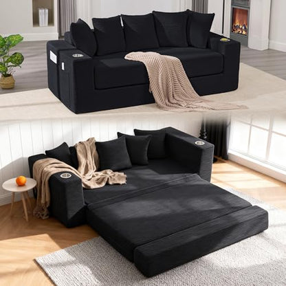 76" Convertible Sofa Bed, Corduroy Boneless Couch with Cup Holders & Pocket | 2-in-1 Sleeper Sofa, Pull-out Couch Bed with 5 Pillows, Living Room, Small Spaces, Bedroom, No Assembly - color: 76" Black