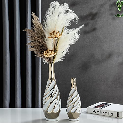 Yundu Ceramic Vase Set of 2, White with Silver, Modern Home Décor, Living Room, Dried Flowers, 14x6x6 inches - color: White With Silver